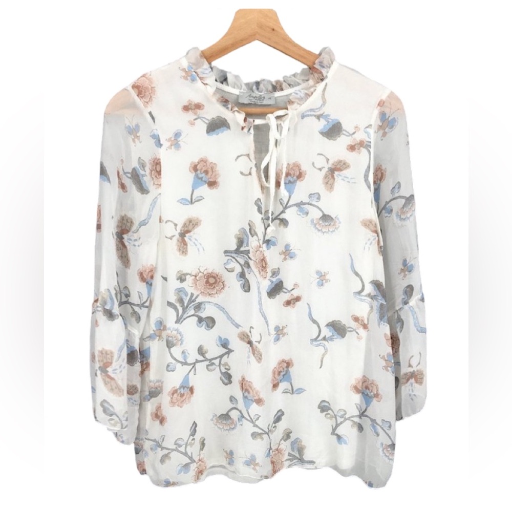 Angela Moda Made in Italy White Silk Blouse with Pink and Blue Floral Details